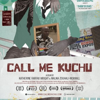 Graphic with the poster of the film Call me Kuchu. Two students hug each other and one holds a frame with a photograph. At the bottom of the poster, there is the title of the film.