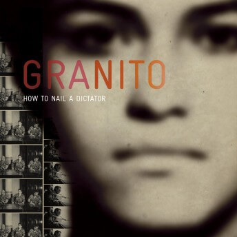 Poster of Granito. Black and white and out of focus close up of a woman's unsmiling face. Behind her, black and white photos of men in military uniforms are arranged in repeating vertical lines to look like a film roll. The graphics on the poster say the full name of the film: "Granito: How to Nail a Dictator." The poster includes text that reads: "A Film by Peter Kinoy, Pamela Yates & Paco de Onís."