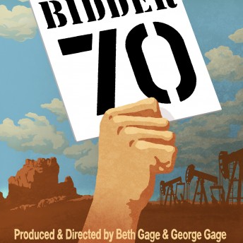 A graphic of a hand holding a sign that says "Bidder 70". The background is an open blue sky with a steel mill in brown.