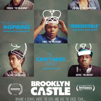 Graphic of Brooklyn Castle. Portraits of teenage boys with drawings on them.