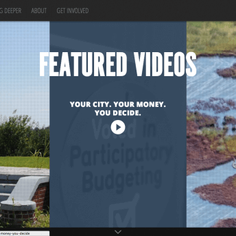 Screenshot of a webpage from the "Land of Opportunity" website. The URL on the bottom left reads: landofopportunityinteractive.com/video/your-city-your-money-you-decide . The screenshot shows a page whose background is three images arranged vertically next to each other. The images from left to right in order are a concrete and brick set of stairs leading to a house landing, but the house is no longer there. Instead, there is an empty grassy field; a close-up of a sticker with the words "I Voted in Participatory Budget" and a checkmark below it; and, a birds-eye view of marshland. Overlaid over this graphic is the text in caps: "Feature Videos - Your City. Your Money. You Decide" with a play button below.