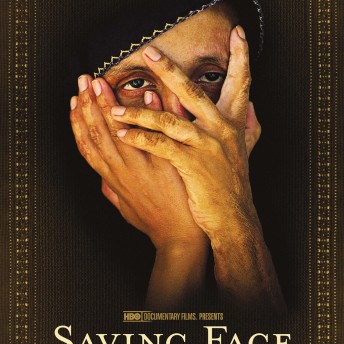 Poster of Saving Face. A woman covers her face with her hands, only her eyes are visible. At the top of the poster there is a text that says "Academy Award Winner" and at the bottom the film's title and an HBO logo.