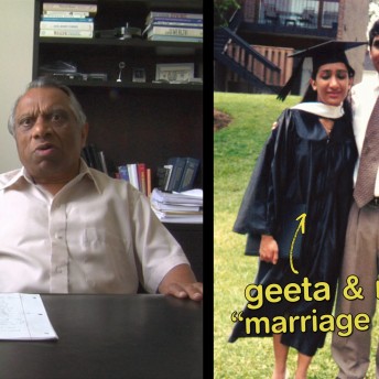 Still from Meet the Patels. Two pictures are side by side. On the left, a man sits at a desk with a notebook of lined paper in front of him and a bookshelf and hanging picture frame behind him, he is talking. On the right, A woman in a graduation gown and a man in khakis and a white button up shirt are posing for a picture. There is an arrow pointing to each of them with the text, "geeta & ravi 'marriage age'".