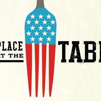 A graphic of the words "A Place at the Table". A fork has incrusted the USA flag.