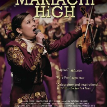 Poster of Mariachi High. A woman in a purple Mariachi suit is holding up a violin and bow in her left hand and a microphone to her mouth with her right hand. There are quotes about the documentary, "Magical" - NBC Latino, "Pure Fun" - Roger Ebert, and "Celebratory and inspirational... a thrill!" - The New York Times. Credits and production logos are listed below.