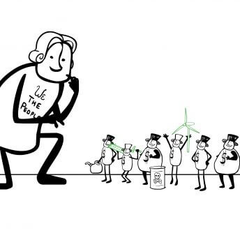 A Large person kneeling with a hand to their face looking down at small figures wearing top hats and dollar signs on their chests. Black and White illustration.