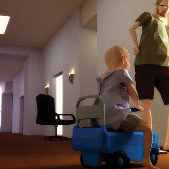 A graphic image of a small child sitting on a toy truck while a tall man stands behind him, looking down at him.