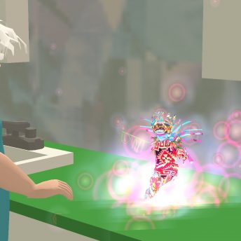 Still from State of Grace. A digital 3D image of a woman standing in front of a table, where a magical fairy-like creature is floating on.