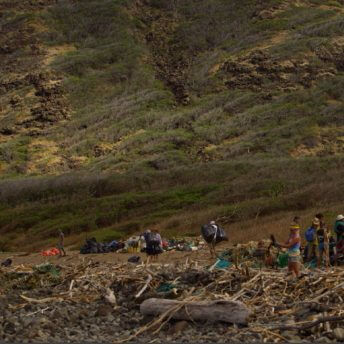Still from All of Our Heartbeats Are Connected Through Exploding Stars. A group of people cleaning a beach shore.