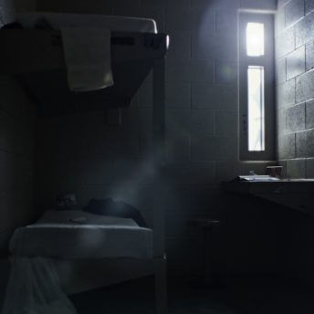 Still from Belly of the Beast. Interior of a cell. There is a bunkbed and a lavatory.