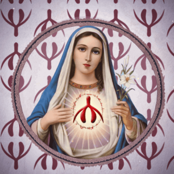 A graphic of a woman with brown hair wearing a blue robe draped over her head and shoulders. A graphic of a red clitoris is placed over her chest. She is in the center of a blue circle. Behind her is purple wallpaper with a repeated clitoris pattern. She holds a white flower in her left hand.