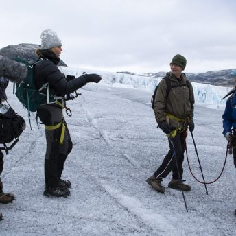 Margreth Olin with her father Jorgen Mykloen on Jostedalen Glacier, sound recordist Andreas Svensson and safety manager from IceTroll.