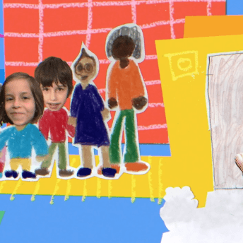 paper cuts of a colorful building, and human figures with photographs heads, a had is drawing on top of a door.