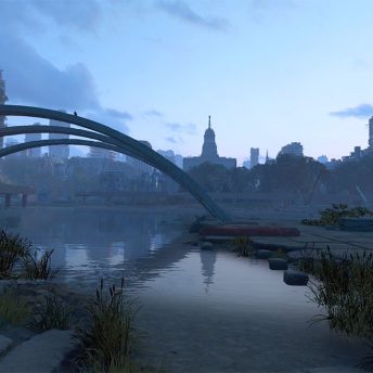 Still from Biidaaban: First Light. A central city square in the downtown core, now flooded into a large pond as dusk falls. There are skyscrapers around but they are starting to crumble and greenery is growing through the cement.