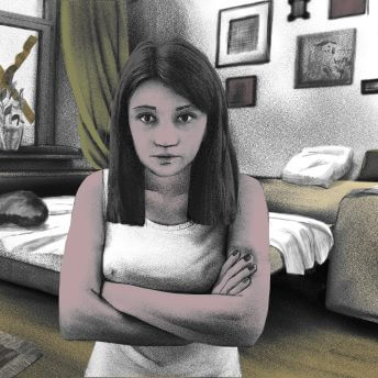 Still from Red Zone. Illustration of a young woman in the center of the frame, looking directly ahead, with her arms crossed in front of her. She as long dark hair, wears a white tank top, and is not smiling. She is in a room with a bed, paintings on the wall, and two windows that have X's taped across them.