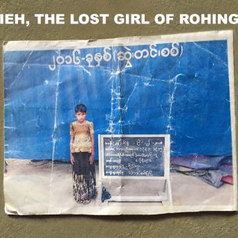 A poster with an image of a girl and text saying "Asieh, the lost girl of Rohingya"