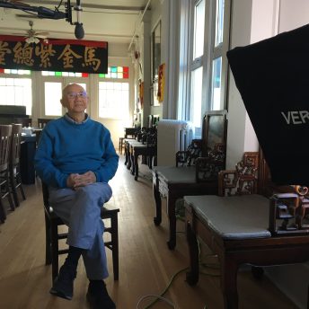 Chinatoewn elder Fred Mah sits down for his master interview in the Mah Society of Canada meeting room.